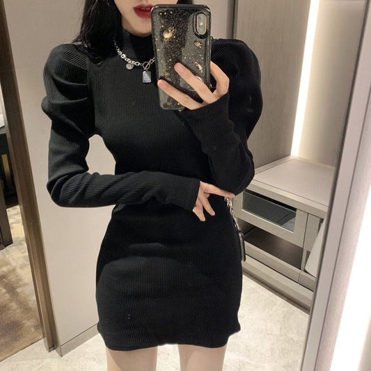 flowersverse Autumn Knitted One-Piece Dress Korean Women Winter Warm Puff Long Sleeve Sexy Mini Dress Bodycon Black Dresses Kpop
