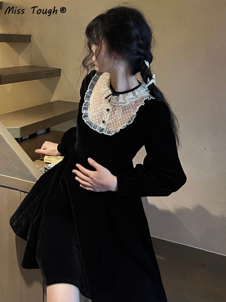 flowersverse Autumn Retro Hepburn Black Gothic Dress Woemen Lace Patchwork Y2K Kawaii Party Mini Dress Female High Street Korean Dress