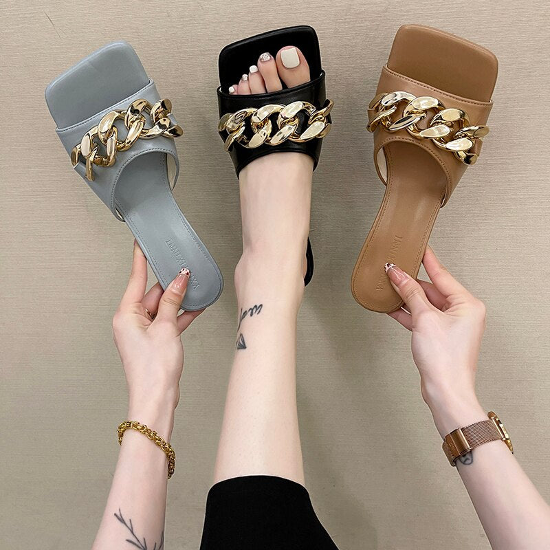 Amzae Summer Women's Slippers Women Sandals 6cm Heels Shoes Female Golden Metal Chain Ladies Slipper Fashion Casual Slides Mules