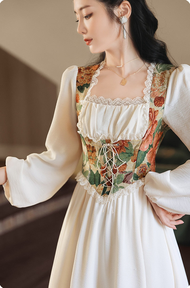 flowersverse Back to school outfit Style Retro Corset Dress Vintage Oil Painting Jacquard Lace Square Collar Bandage Princess Dresses Royal Vestido Festa