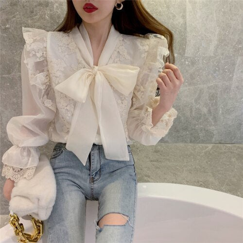 flowersverse Back to school outfit Women Shirt Spring Autumn French Retro Palace Style Temperament Ladies Sweet Bowknot Tie Flared Sleeve Lace Blouse