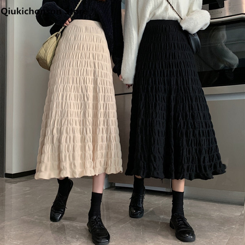 flowersverse Autumn Winter Wrinkled Black Pleated Skirt Women Korean Style Casual High Waisted A-Line Knitted Skirts Long falda plisada