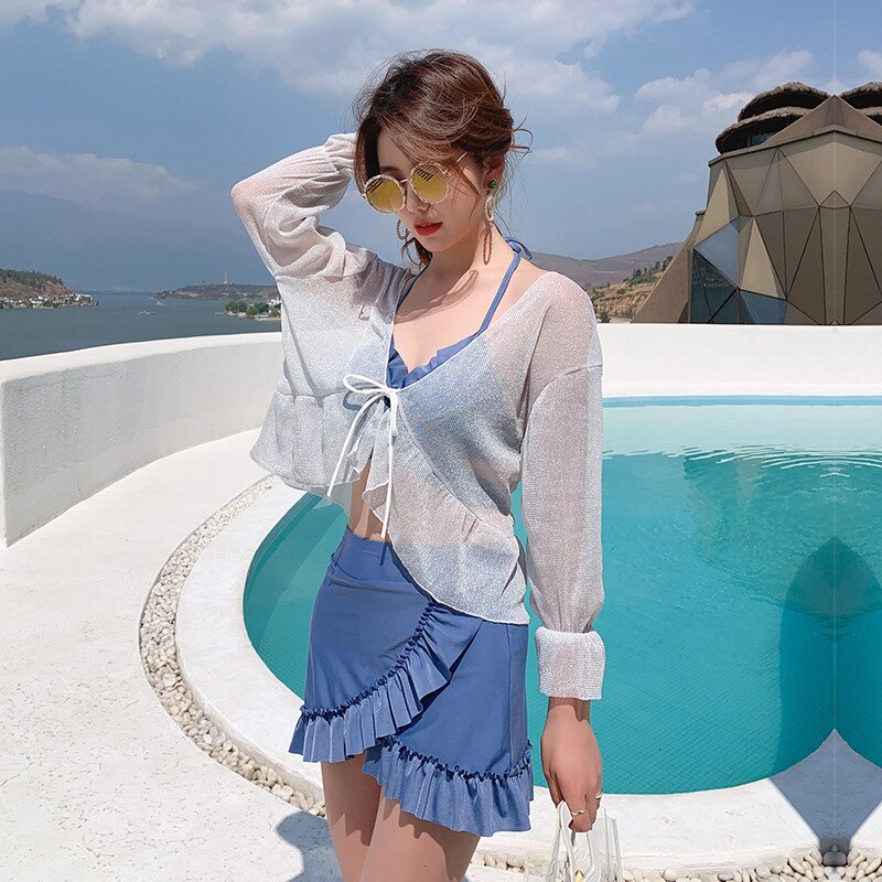 flowersverse 3 Piece Bikini Set Korean Cute Swimsuit Women Underwire Ruffle A-Line Skirt High Waist Bikini Cover Up See Through Bikinis