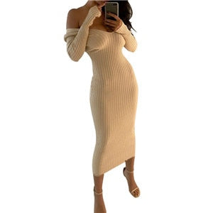 flowersverse Spring Autumn Deep V-Neck Casual Knitted Dress Women Fashion Long Sleeve Sweater Dresses Package Hip Long Dress