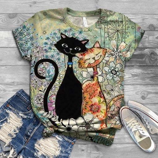 flowersverse Woman Tshirts Harajuku Graphic Tee Spring Summer Streetweear Women Animal Cat Print Cute Kawaii Short Sleeve T-shirts Tops