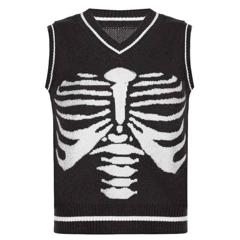 flowersverse Autumn V-Neck Sweater Vest Sternum Skull Printed Knitted Vest Skeleton Loose Casual Sleeveless Top Preppy Style Tops Women