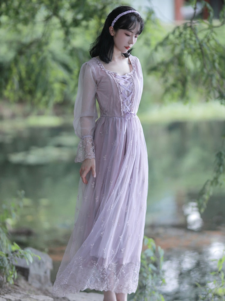 flowersverse Autumn Dress Purple Party Dresses Embroidered Lace Square Collar French Romantic Fairy Dresses Flared Sleeve Sweet Vestido Midi