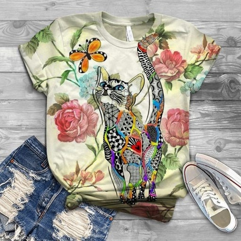 flowersverse Woman Tshirts Harajuku Graphic Tee Spring Summer Streetweear Women Animal Cat Print Cute Kawaii Short Sleeve T-shirts Tops