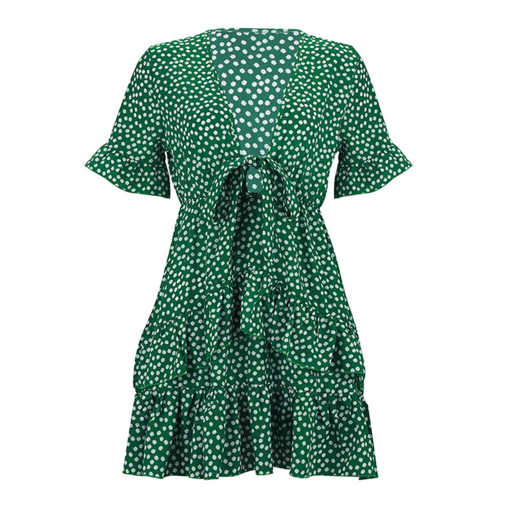 flowersverse Women Dress Boho Floral Ruffle Short Mini Dress Summer Knot V-Neck Party Holiday Dress Femme Vestido De Mujer