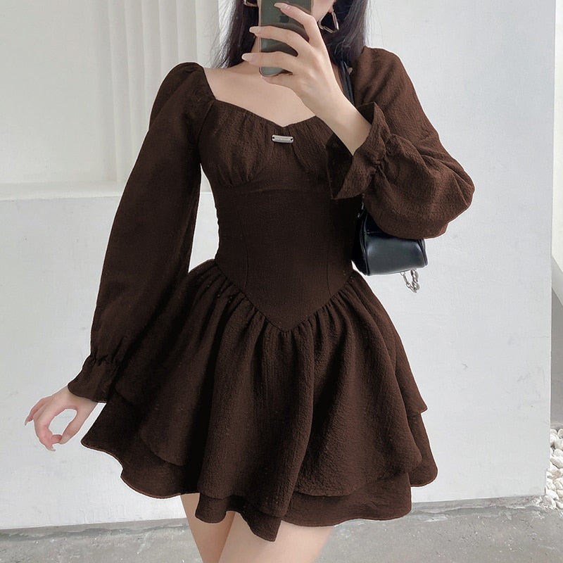 flowersverse Autumn Spring A-Line Dress Sexy Slim Solid Square Collar Puff Sleeve Mini Dresses For Women Eleggant Fashion Ladies