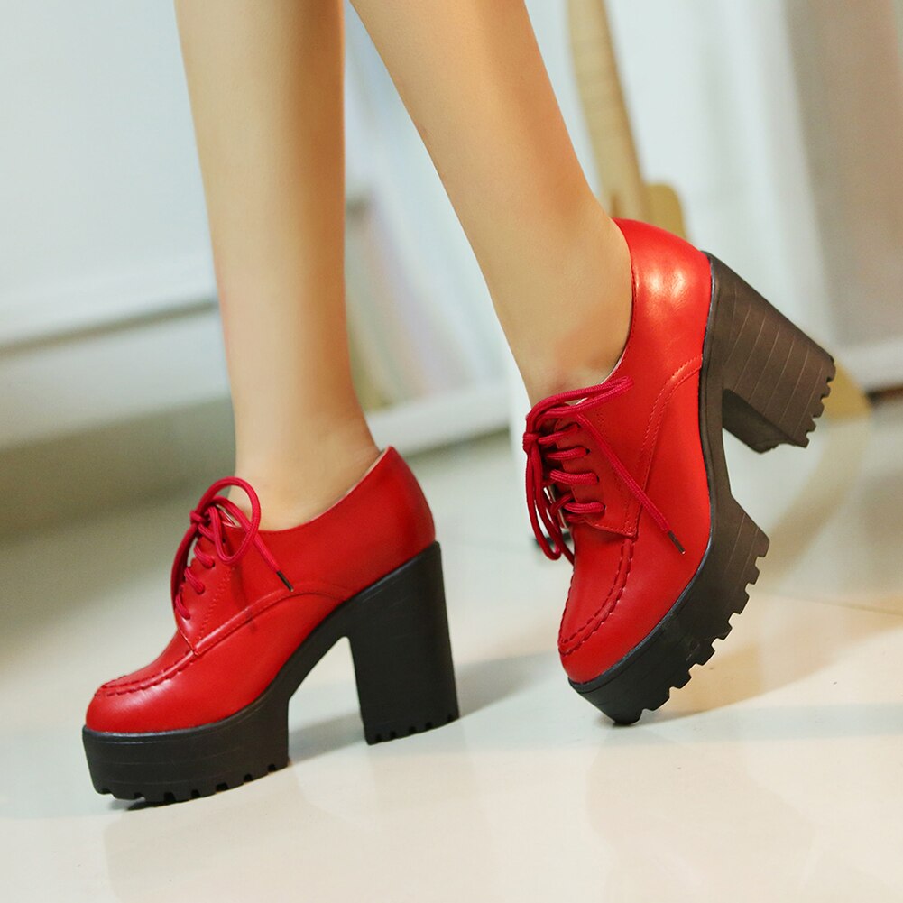 flowersverse Fashion New Lace-Up Platform Comfortable Shoes Woman Pumps Female Chunky High Heels Concise Pumps Women Shoes