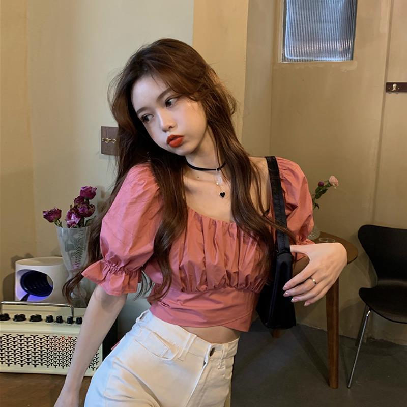 flowersverse Blouses Women Summer Puff-Sleeve Crop-Top Backless Sexy Club Pleated Solid Elegant Sweet Girls Bow Lace-Up Korean Style Blusas