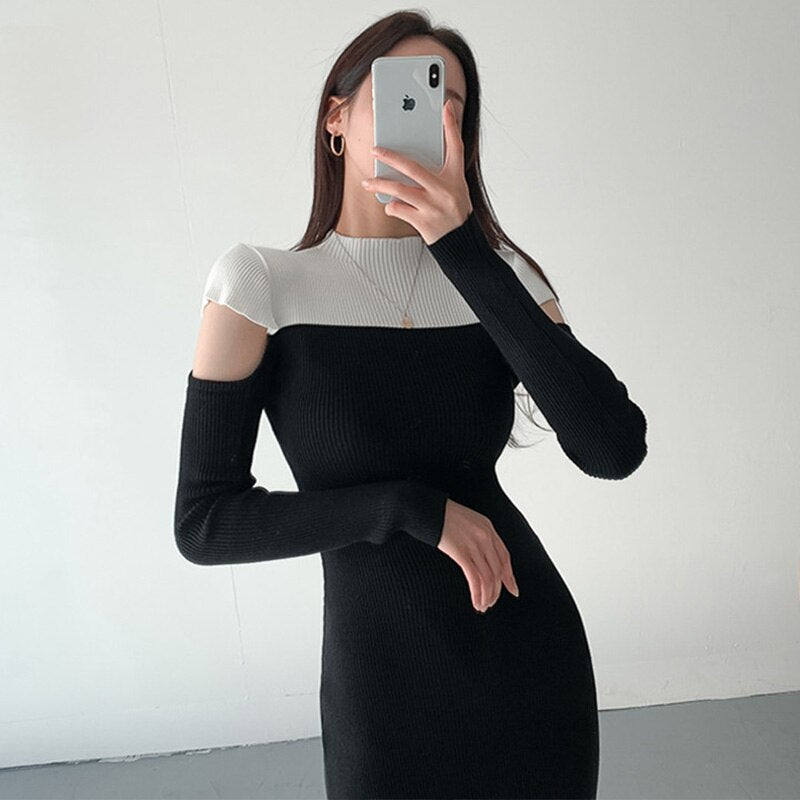 flowersverse Back to school outfit Women Dresses Winter Autumn Korean Chic French Elegant Shoulder-Hollowed Contrasted-Color Female Knitted Vestidos