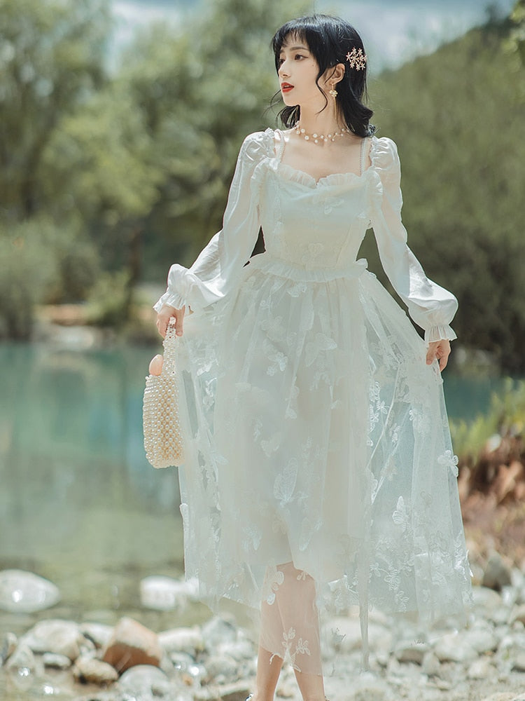 flowersverse Back to school outfit Style Butterfly White Fairy Dress Woman Vintage Straps Slash Neck Long Design Beach Dresses Vestido Blanco Robe Plage