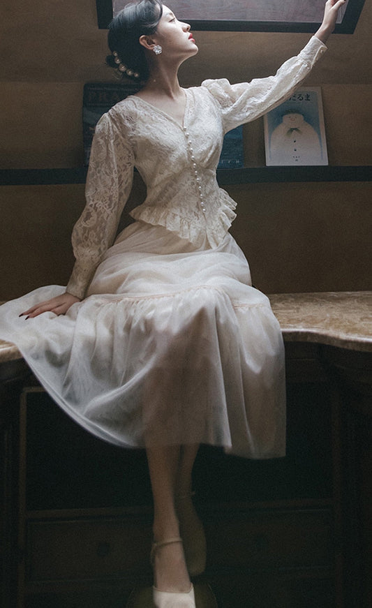 flowersverse Back to school outfit Modern Vintage Style Outfits Retro Lantern Sleeve Ruffles Elegant Lace Shirt Blouse Tops & Long Mesh Skirt 2 Piece Set Women