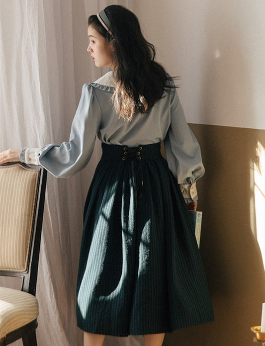 flowersverse Back to school 2 Colors Modern Vintage Style Lady Outfits Sweet Peter Pan Collar Lantern Sleeve Shirt & Bandage Elastic Plaid Skirt Sets Woman