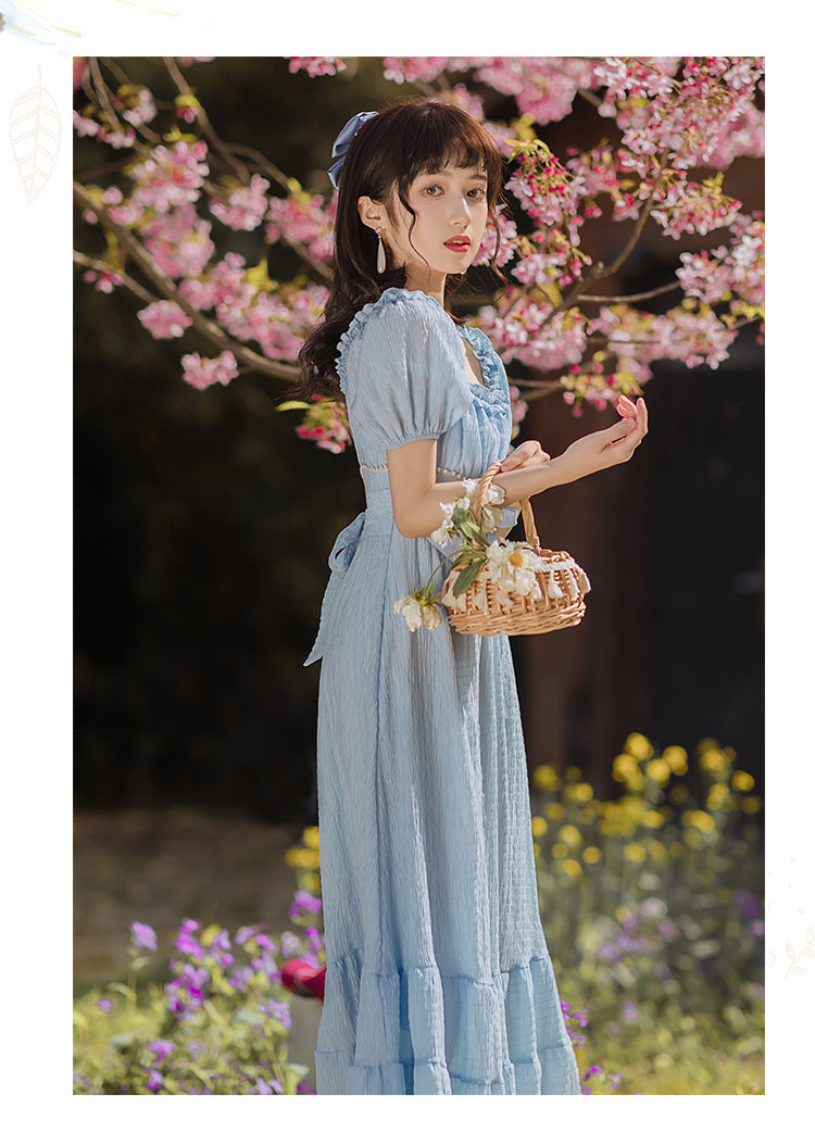 flowersverse Blue Gentle Romantic Fairy Dress Women Ruffled Square Collar Elegant High Waist Beaded Bow Sweet Cute Long Dress Summer New
