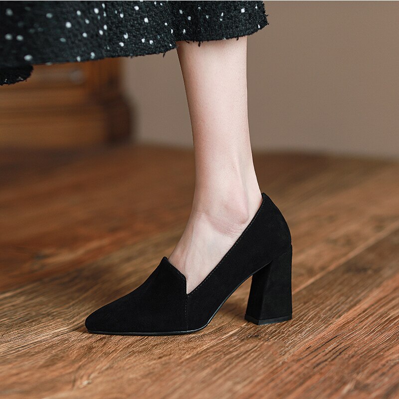 Back to school spring Women's pumps Natural Leather 22-24.5cm Sheep suede upper pointed Thick high heels shoes for women 4/6/8cm heel
