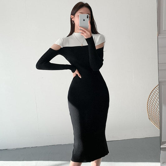 flowersverse Back to school outfit Women Dresses Winter Autumn Korean Chic French Elegant Shoulder-Hollowed Contrasted-Color Female Knitted Vestidos
