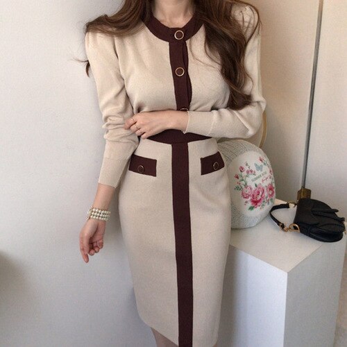 flowersverse Back to school outfit Elegant 2 Piece Set Women Korean Chic O-Neck Single Row Buckle Colliding Knit Sweater High Waist Bodycon Skirt Suit