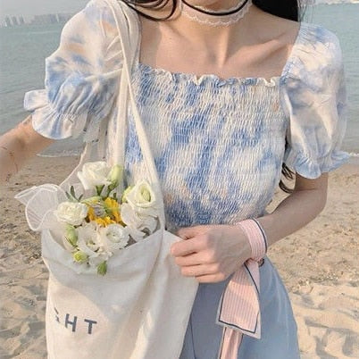 flowersverse Blouses Women Plaid Summer Lace Leisure Short Sleeve Slim Female Top All-Match Square Collar Stylish Daily Student Korean Style