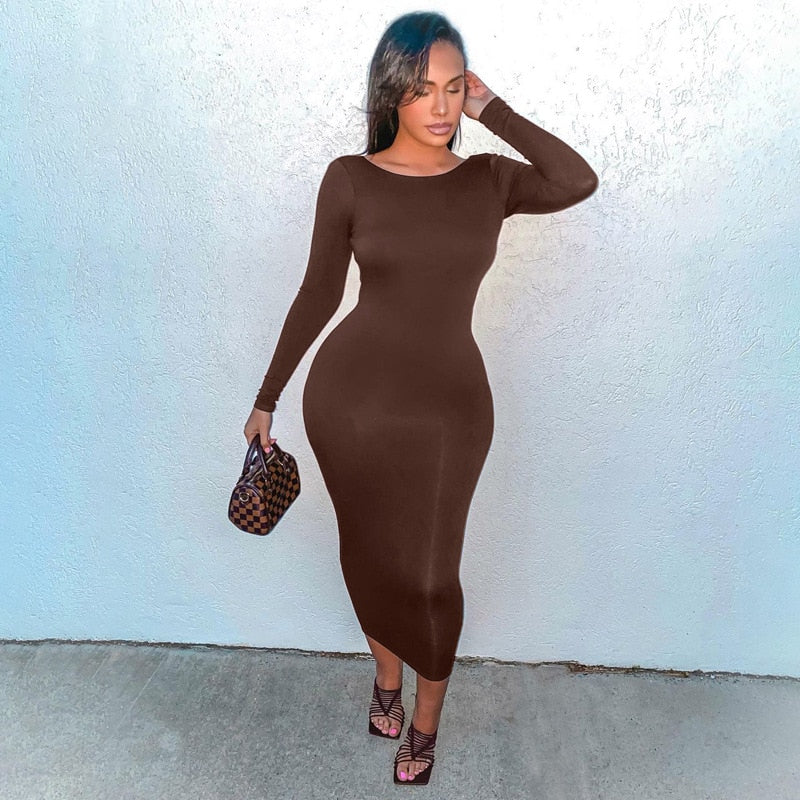flowersverse Spring Backless Midi Dresses Bodycon Elegant Evening Club Party Birthday Brown Long Sleeve Dress Women