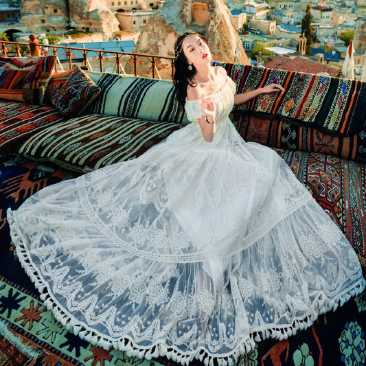 flowersverse Back to school outfit Summer Lace Fairy Dress Vintage Slash Neck Off Shoulder Tassel Floor Length Princess Dresses For Holiday Evening Party Night