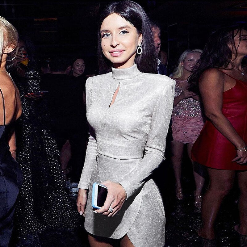 flowersverse Bling Glitter Shoulder Pad Hollow Out Women Long Sleeve Mini Dress Bodycon Sexy Party Club Elegant