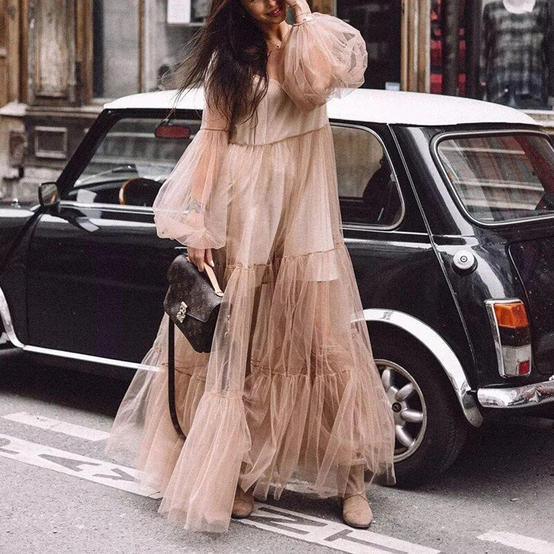 flowersverse New Arrival XL Casual Dress Women Puff Sleeve V-Neck Loose Mesh Translucent Ladies Long Dresses Women Elegant