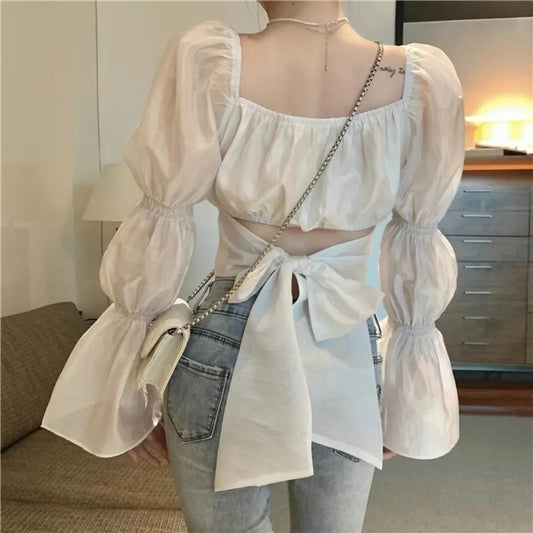 flowersverse Back Puff Sleeve Shirts Women Autumn French Bow Bandage Blouses New Black Pink Square Neck Cropped Tops Female