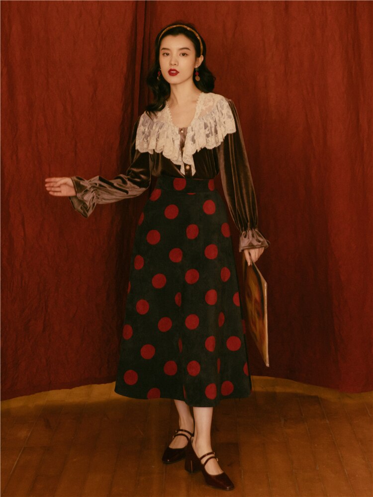 flowersverse Back to school Modern Vintage Style Lady Outfits Red & Brown Velvet Lace Flare Sleeve Blouse Tops Polka Dot Corduroy Skirt Retro 2 Piece Sets