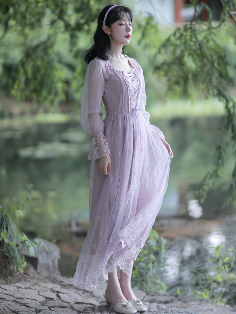 flowersverse Autumn Dress Purple Party Dresses Embroidered Lace Square Collar French Romantic Fairy Dresses Flared Sleeve Sweet Vestido Midi