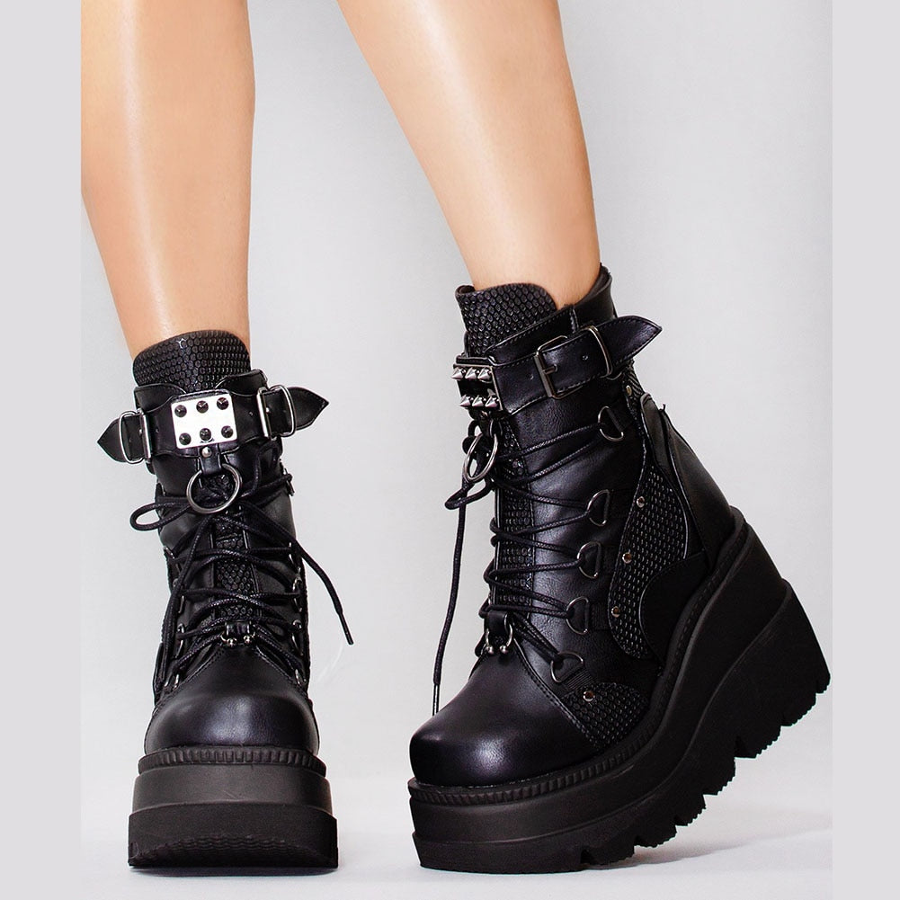 Back to College DoraTasia Gothic Punk Street Women Ankle Boots Platform Wedges High Heels Short Boots New Fashion Design Rivet Cosplay Shoes