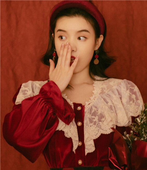 flowersverse Back to school Modern Vintage Style Lady Outfits Red & Brown Velvet Lace Flare Sleeve Blouse Tops Polka Dot Corduroy Skirt Retro 2 Piece Sets