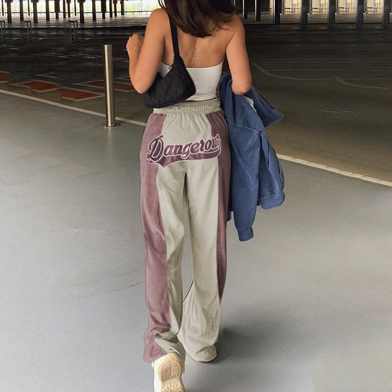 flowersverse Autumn Winter Wide Leg Pants Women Casual Print Letter Blue Casual Fashion Vintage High Waist Oversized Trouser