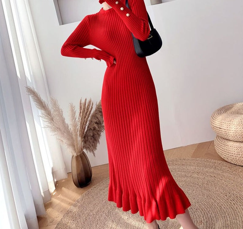 flowersverse autumn winter thick mermaid maxi sweater dress women o-neck long sweater dress elegant female a-line slim sexy knit dress