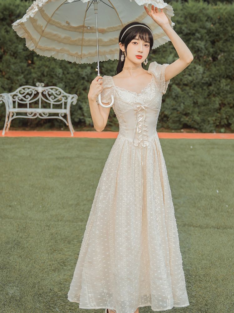 flowersverse Back to school outfit Cottage Vintage Woman Chiffon Dress For Slim Lady Summer Retro Puff Sleeve Bandage Royal Princess Dresses Vestido Festa