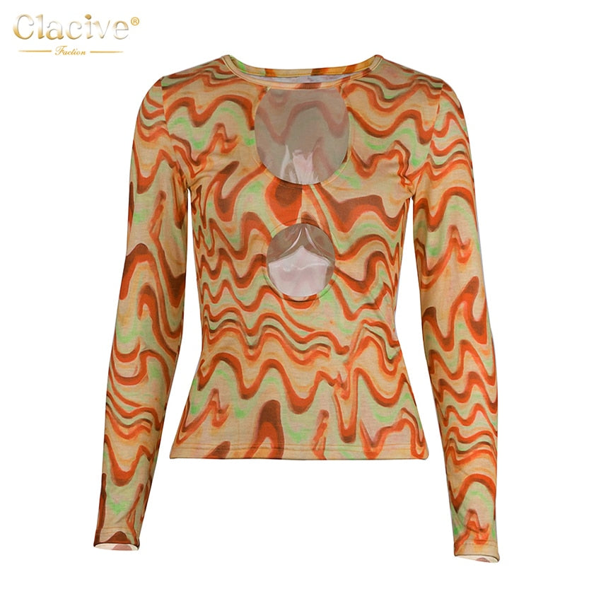 flowersverse Bodycon Printed O Neck Ladies Tshirt Fashion Y2k Stripe Long Sleeve Women Tshirt Casual Slim Knitited Female Tops Summer