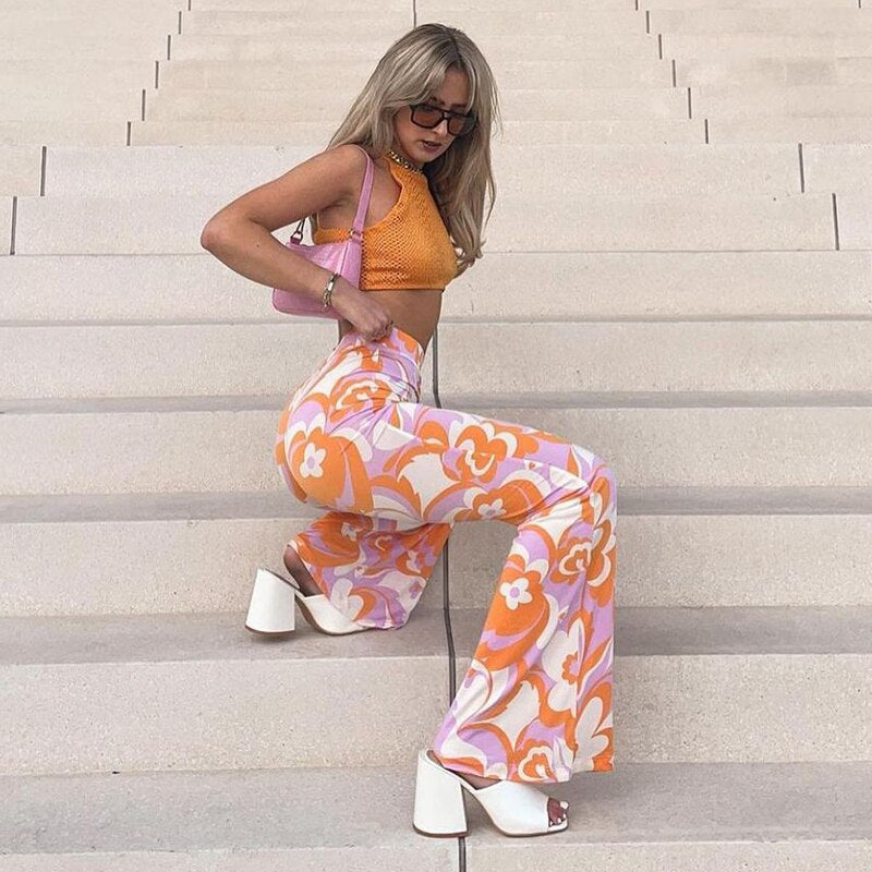 flowersverse Bohemian Style Floral Pants Holiday Slim High Waisted Trousers Vintage Elastic Waist Wide Lege Pants Women Harajuku-0519