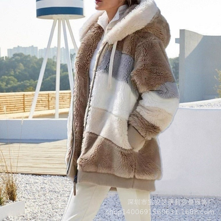 flowersverse Autumn Winter Plush Coat Loose Long Sleeve Color Matching Hooded Z Zipper Coat Women