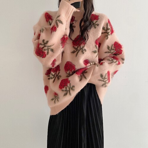 flowersverse Back to school outfit Chic Sweater Woman Autumn New Korea Elegant Ins Fashion O-Neck Flower Print Long Sleeves Versatile Knit Pullover