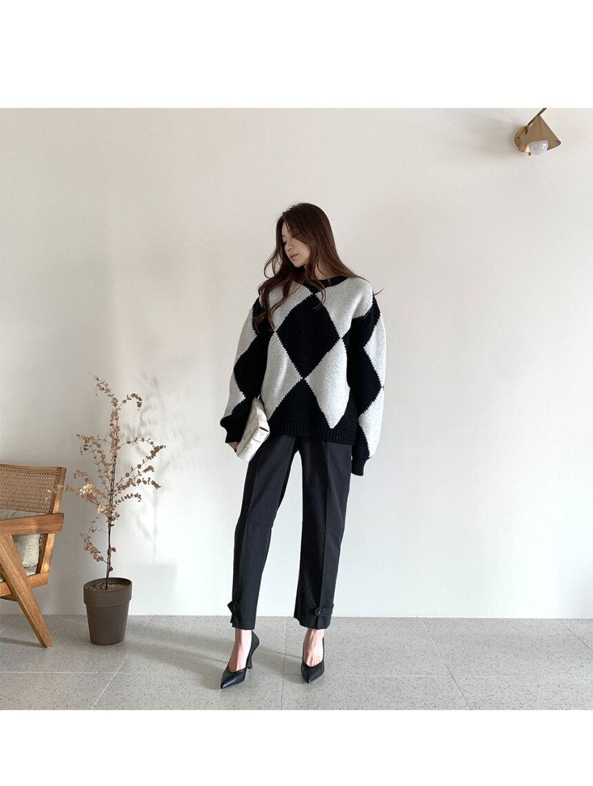 flowersverse Argyle Sweater Patchwork Pullovers Spring Women Clothing Vintage Knitted Fashion O-Neck Black Casual Long Sleeve