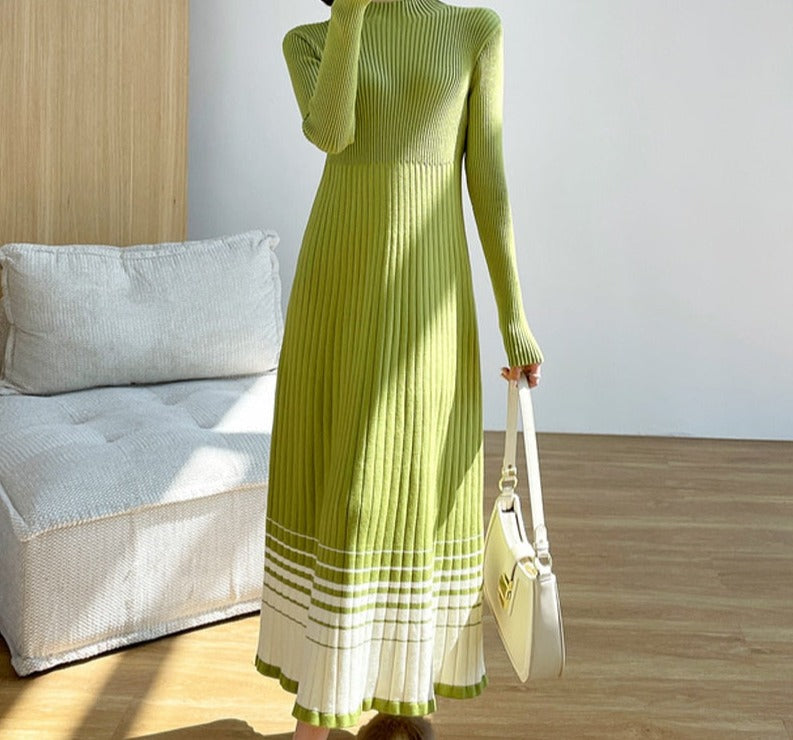 flowersverse Autumn Winter Half Turtleneck Women Dress Long Sleeve A-line Female Sweater Dress Ladies Knitting Vestidos