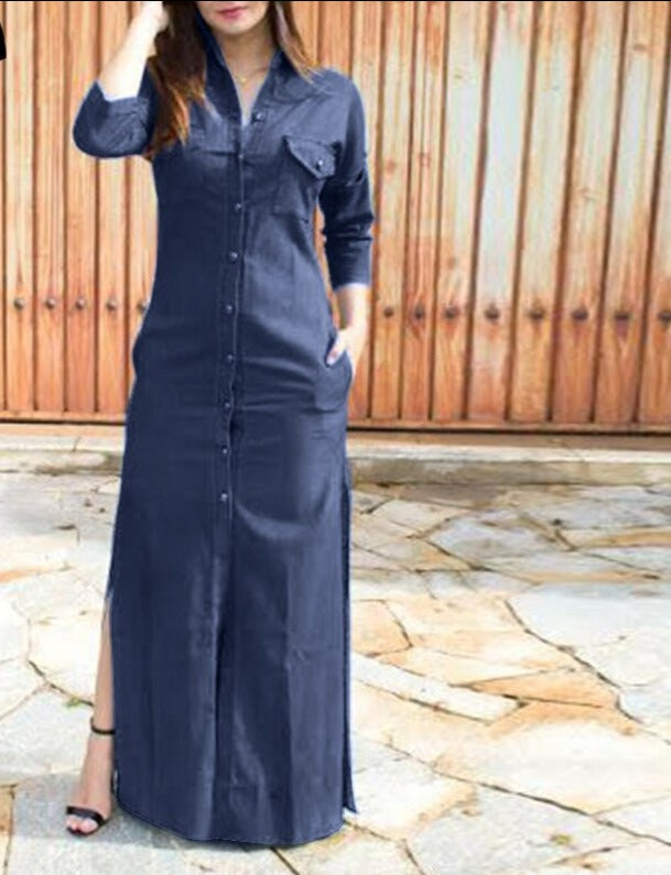 flowersverse Vintage Denmin Dresses Spring Sundress Split Holiday Party Maxi Dresses Women Lapel Button Long Dress Casual Solid Robe