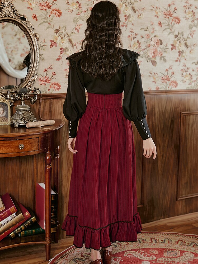 flowersverse Back to school outfit Korean Style Elegant Women Suits Vintage Lantern Sleeve Casual Black Shirt & Burgundy Stripe Long Maxi Skirt For Slim Lady Sets
