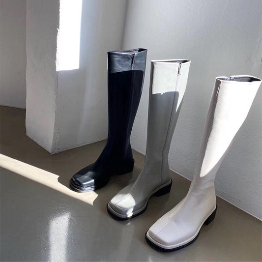 flowersverse Women's Knee High Boots Soft PU Women Long Boots Slip On Woman Boot Thick Platform Round Toe Female Shoes Autumn Winter