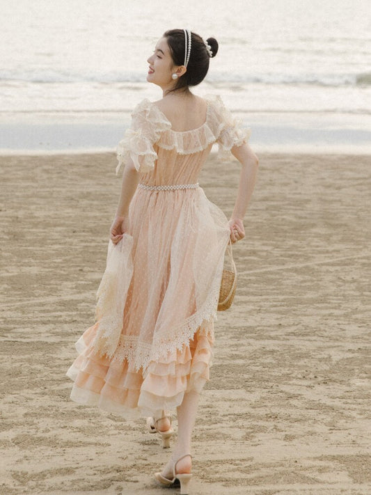 flowersverse Back to school outfit Summer Lace Princess Dress Women Sweet Dot Bow Petal Sleeve Ruffles Suqare Collar Fairy Dresses Vintage Vestido Party Night