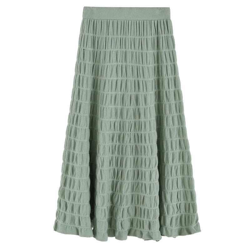 flowersverse Autumn Winter Wrinkled Black Pleated Skirt Women Korean Style Casual High Waisted A-Line Knitted Skirts Long falda plisada