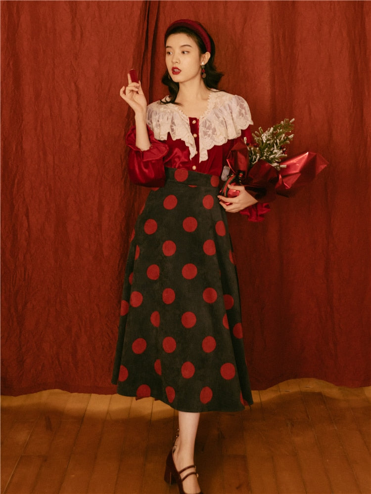 flowersverse Back to school Modern Vintage Style Lady Outfits Red & Brown Velvet Lace Flare Sleeve Blouse Tops Polka Dot Corduroy Skirt Retro 2 Piece Sets