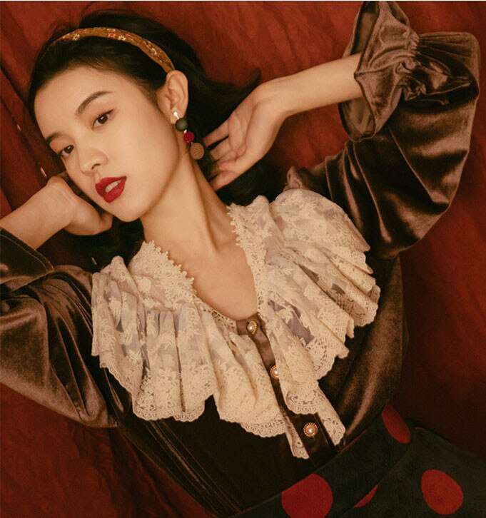 flowersverse Back to school Modern Vintage Style Lady Outfits Red & Brown Velvet Lace Flare Sleeve Blouse Tops Polka Dot Corduroy Skirt Retro 2 Piece Sets